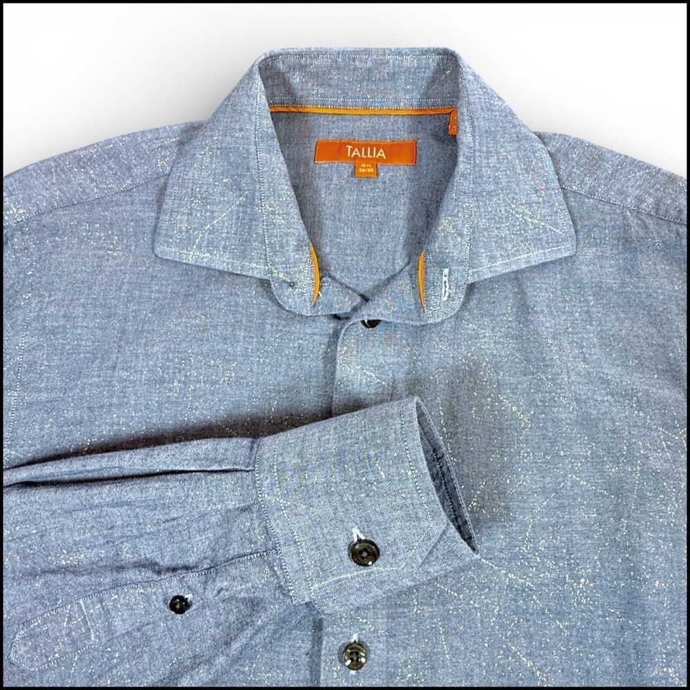 Tallia Men M Chambray Button Down Shirt Blue Subtle Gold Metallic 15.5 34/35 Mod